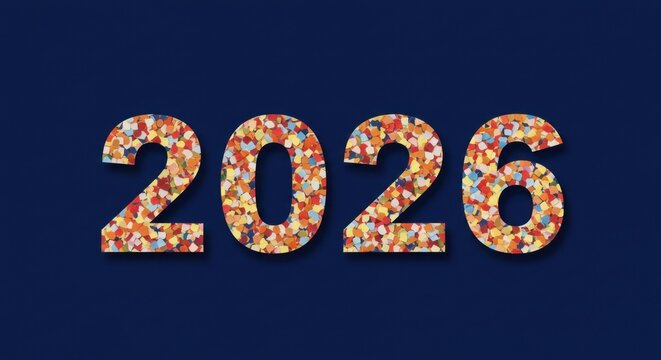 Numerical graphic of the year 2026, rendered in large, shadow-casted digits. Each digit is filled with a colorful, speckled mosaic texture