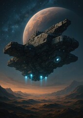 Wall Mural - Futuristic spaceship above alien landscape.