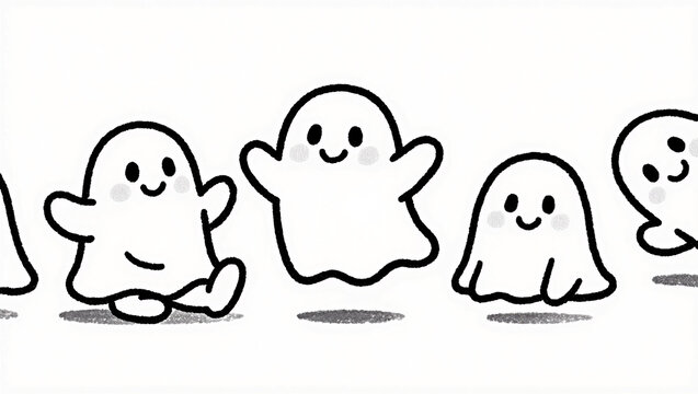 cute ghost illustrations on white background, hand-drawn style, black and white, Halloween
