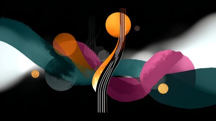 Poster - Colorful abstract painting with a purple line and orange circles. The painting is full of different colors and shapes, creating a sense of movement and energy