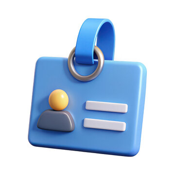 Stylized 3d render of a blue identification badge with a person icon and blank fields for text isolated on transparent background