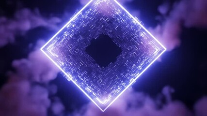 Poster - Abstract image of a glowing, diamond-shaped portal with intricate details surrounded by purple clouds against a dark background.