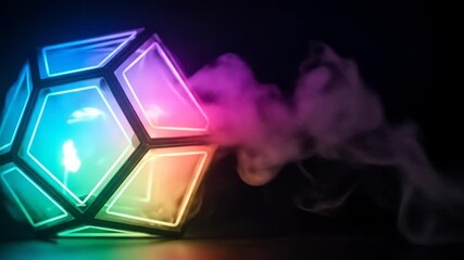 Poster - A geometric, dodecahedron-shaped lamp glows with vibrant rainbow colors, emitting a wisp of smoke against a dark background.