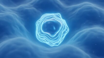 Poster - Abstract glowing blue cell or organic form floating above a textured, wavy surface; possibly representing science, medicine, or technology.