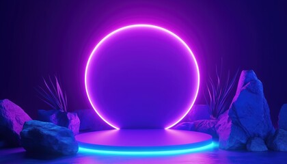 Poster - Abstract Geometric Purple And Blue Podium For Advertising, Technology, Showcase, Gaming, Business, Metaverse, Sci-Fi. Ideal For Product Display.