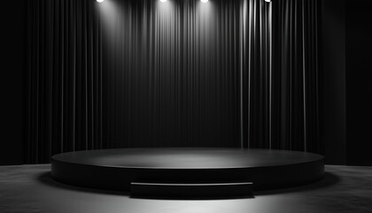 Poster - Modern Atmosphere: Black Stage With Bright Spotlights And Velvet Curtains For Product Advertising Creative Showcase Rendering With Illuminated Empty Platform