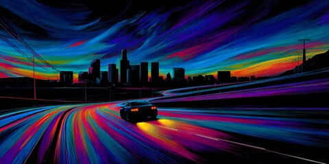 Poster - Neon highway with car and city skyline
