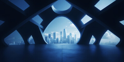 Poster - View of distant city skyline through abstract architectural structure in blue tones