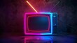 © Mudassir - Retro wave, 80s. Old tv with antenna with neon light. Top view, minimalism