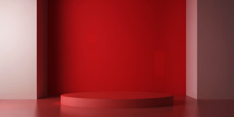 Poster - A minimalist studio setup featuring a red backdrop and a matching circular platform stage area