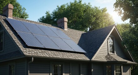 Poster - Sustainable energy panels affixed to oldfashioned shingled roof.