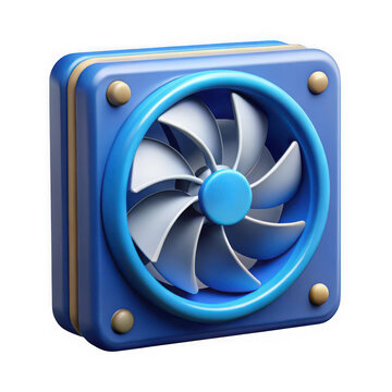 Stylized 3d computer fan with blue and gold accents isolated on transparent background