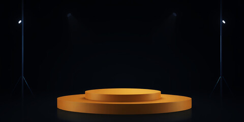 Poster - A golden two tiered platform under spotlights against a dark background for presentation