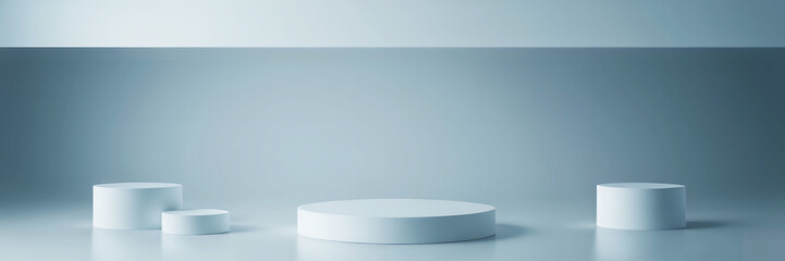 Poster - Minimalist studio setup with white cylindrical podiums against a light blue backdrop scene