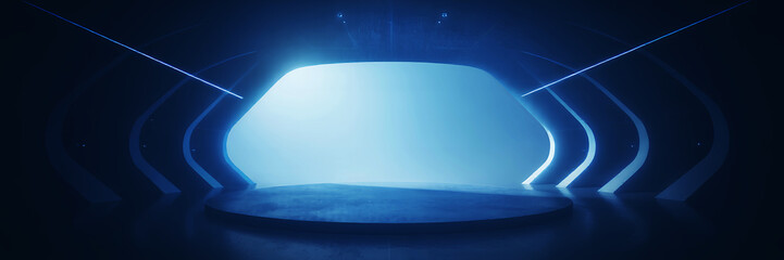 Poster - A futuristic tunnel with blue lighting and geometric shapes leading to a bright opening