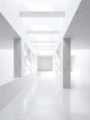 Poster - A long white hallway with columns and light streaming through the ceiling, a modern design look