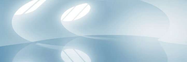 Poster - Abstract white and blue architecture with circular openings casting bright light patterns inside