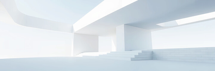 Poster - A bright white architectural interior with stairs and geometric shapes under a skylight above