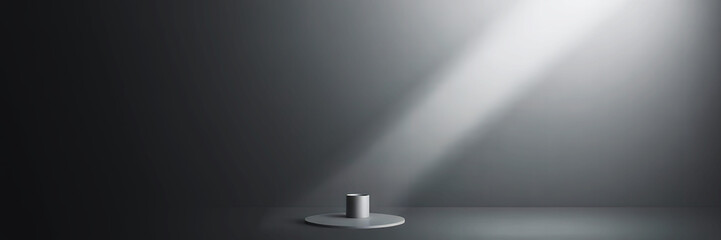 Poster - Cylindrical object on a circular platform under a bright spotlight in a dark gray room space
