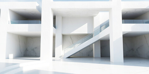 Poster - A modern white building interior with stairs and columns in a minimalist architectural design