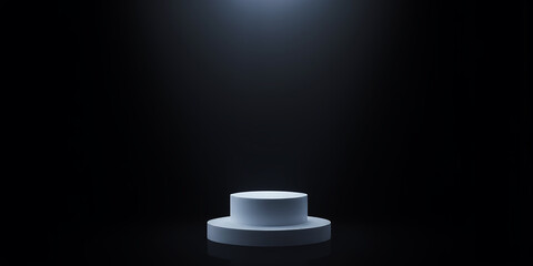 Poster - A minimalist white pedestal illuminated by a single spotlight against a dark background space
