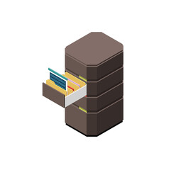 Poster - Isometric Illustration of a Dark Brown File Cabinet with Open Drawer Showing Digital Files and Data.