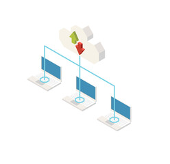 Poster - Isometric Illustration: Cloud Computing Network, Data Transfer, Three Laptops, Uploading, Downloading, Modern Technology, Efficient Data Sharing