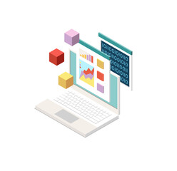 Poster - Isometric Laptop Displaying Data Analytics Charts and Binary Code, Modern Design