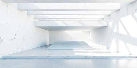 Poster - A minimalist white architecture featuring steps and overhead beams in a bright space lit by sun