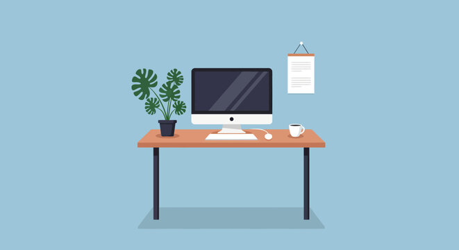 Minimalist workspace with computer monstera plant coffee cup and wall calendar.