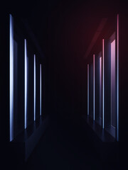 Poster - A series of vertical neon lights in a dark room creating an abstract perspective view art