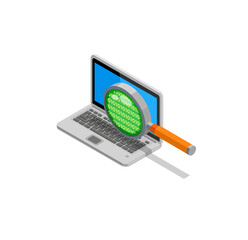Poster - Isometric Laptop Screen Magnifying Glass Binary Code Data Security Concept
