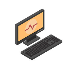Poster - Isometric Desktop Computer Showing Heartbeat Graph, Modern Minimalist Style, Technology Concept