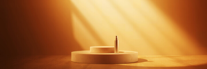 Poster - A product shot featuring a bottle on a two tier platform with a warm light background scene