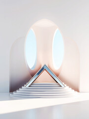 Poster - A minimalist scene featuring a pyramid on stairs with an oval window in a bright white room