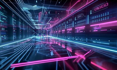 Poster - Futuristic server room with neon glowing circuits