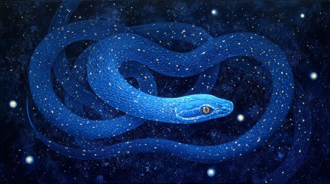 Serpent-shaped constellation twisting around a glowing blue planet, stars glimmering like eyes