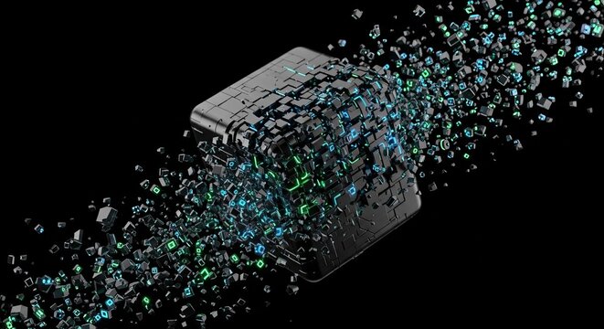 A black cube disintegrating into smaller cubes with blue and green light on a black background
