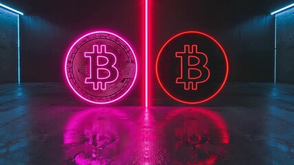 Poster - Neon Bitcoin Symbols in a Dark, Futuristic Setting