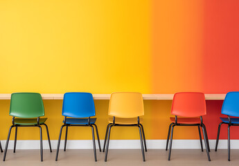 Aufkleber - Colorful chairs lined up against a vibrant gradient wall create a modern and inviting seating area, perfect for a waiting room or collaborative space.