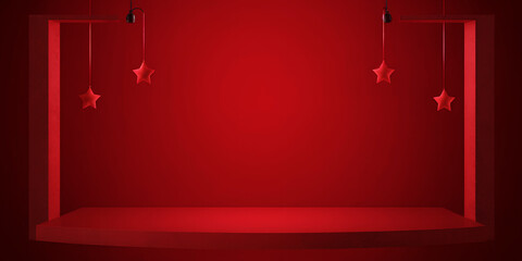 Poster - A christmas themed red stage with hanging stars and a solid red background for presentations