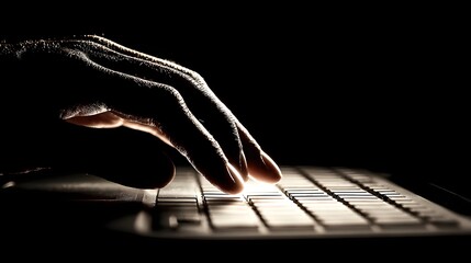 Poster - Close-up of a hand typing on a keyboard in low-light conditions.