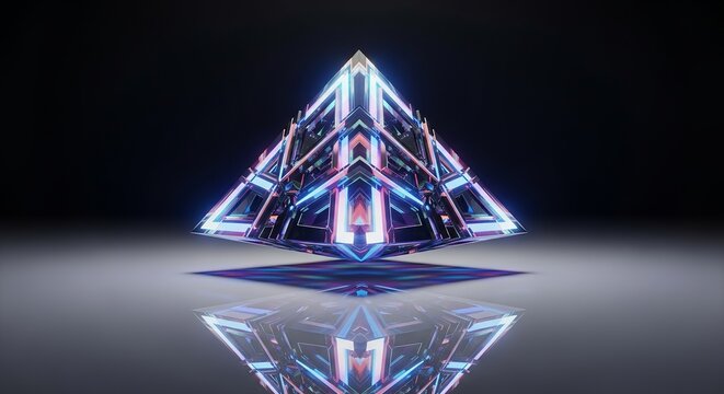 A complex geometric pyramid structure with neon lights reflecting on a shiny surface in a dark room