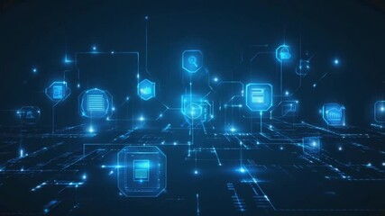 Dynamic blue glowing network with futuristic data flow and connection nodes for modern technology