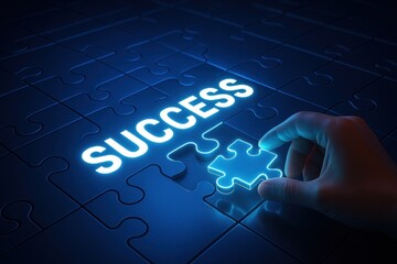 Poster - Unlocking Success: A hand places the final puzzle piece, illuminating the word SUCCESS, a powerful metaphor for achieving goals and the culmination of effort. 