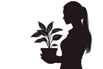 Poster - Woman holding office plantvector illustration isoleted on white background in silhouette .
