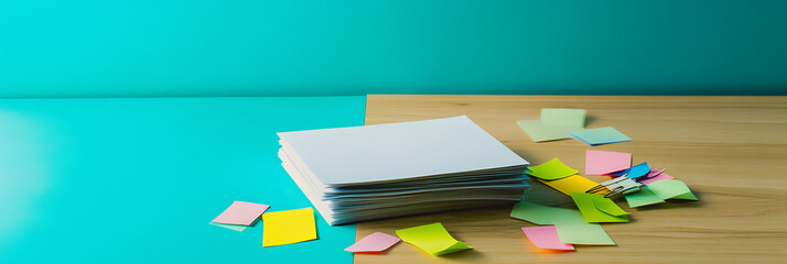Poster - Stack of plain white paper alongside colorful adhesive notes on a two-toned turquoise and wood surface, presenting a creative and organized workspace.