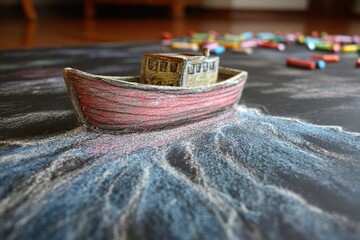 Poster - Creative chalk art of a boat floating on dark surface with colorful chalk pieces scattered around in a bright indoor setting