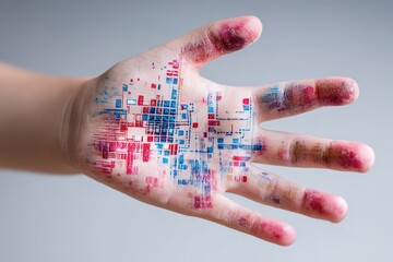 Poster - Digital art creation on human hand with intricate patterns showcasing red and blue designs in a minimalist setting