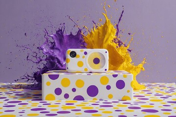 Poster - Vibrant colored splashes surround a playful design on a product display featuring bold polka dots